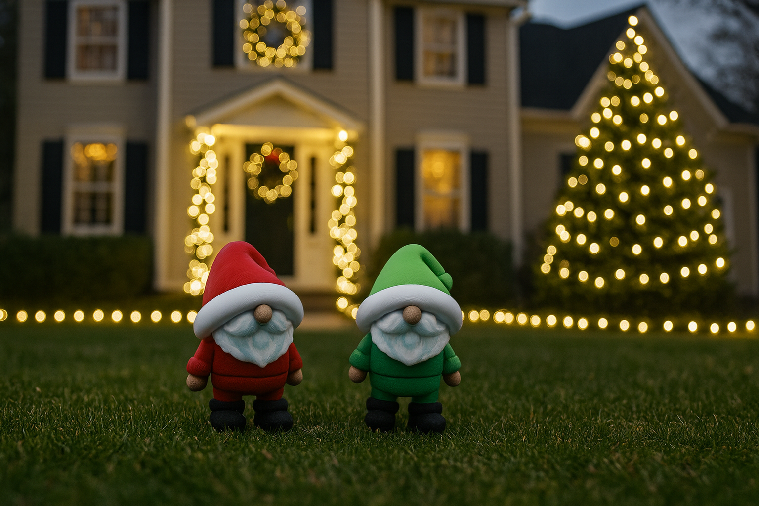 Festive gnomes decorating the front yard